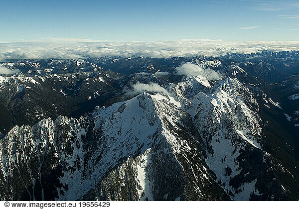 Aerial view scenery of snow-covered Cascade Mountains  Washington State  USA