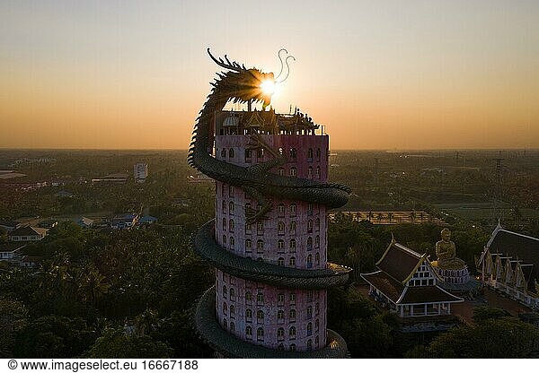 Aerial view  sun in the mouth of a dragon  Wat Samphan dragon temple  Bangkok  Thailand  Asia