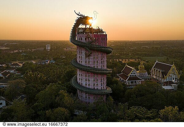 Aerial view  sun in the mouth of a dragon  Wat Samphan dragon temple  Bangkok  Thailand  Asia