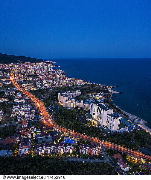 Aerial view to the sea resort Sunny Beach  Bulgaria evening