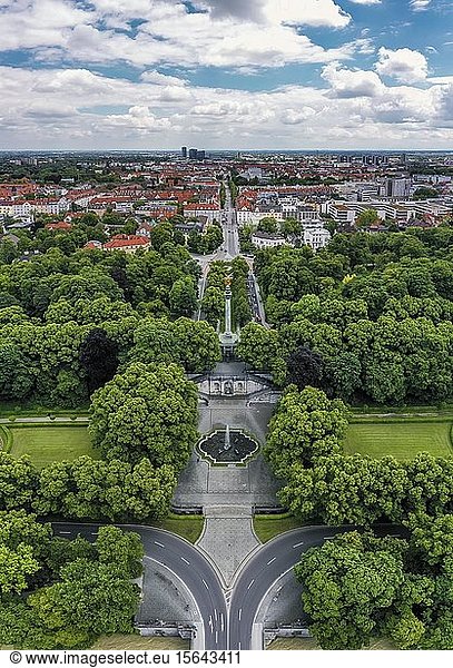 Aerial view  view of Angel of Peace at the Maximiliansanlagen  Prinzregentenstraße at the back  from above  Munich  Upper Bavaria  Bavaria  Germany  Europe