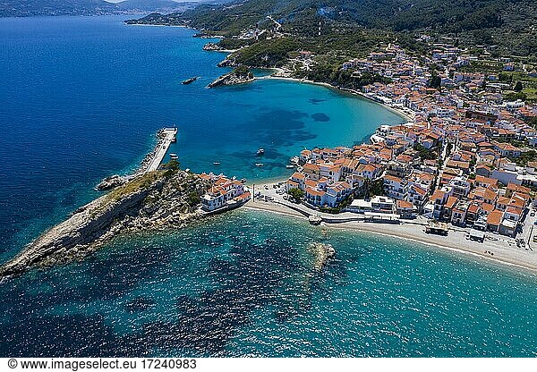 Aerial view  Village view with pebble beach and harbour  Kokkari  Samos  Greece  Europe