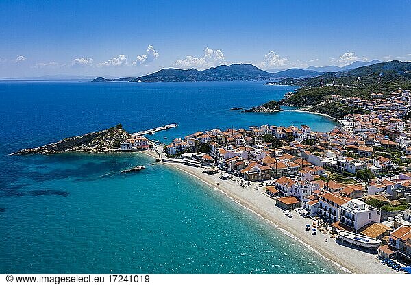 Aerial view  Village view with pebble beach and harbour  Kokkari  Samos  Greece  Europe