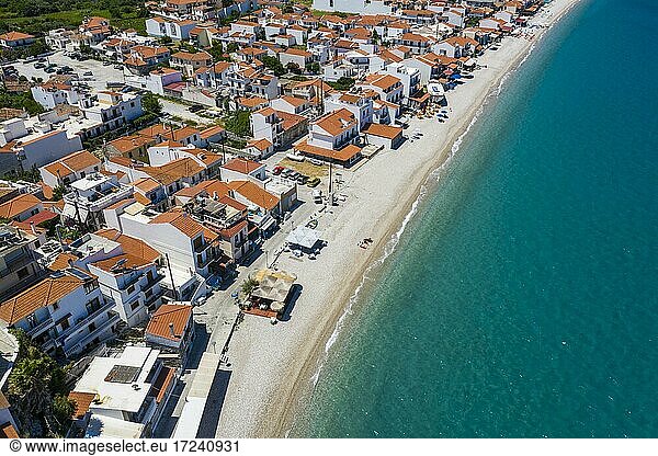 Aerial view  Village view with pebble beach  Kokkari  Samos  Greece  Europe