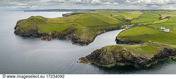 Aerial vista of Port Quin on the North Cornish coast  Cornwall  England  United Kingdom  Europe