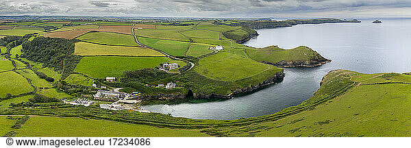 Aerial vista of Port Quin on the North Cornish coast in summer  Cornwall  England  United Kingdom  Europe