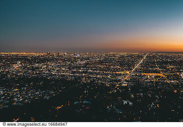 Aerial Wide View over Glowing Los Angeles  California City Lights Scape