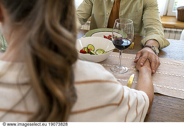 Affectionate couple having wine and salad at home