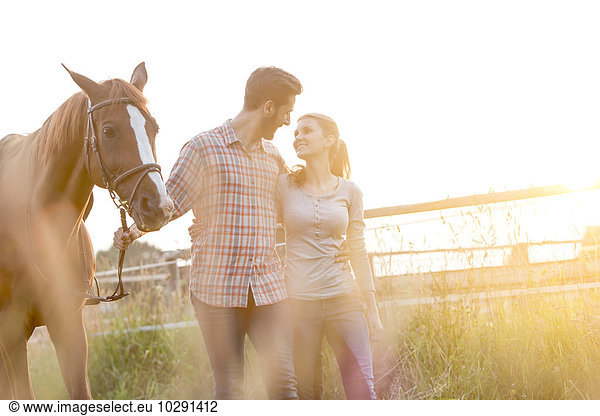 Affectionate couple walking with horse in rural pasture