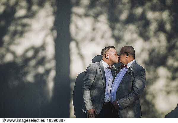Affectionate gay man kissing bald partner on mouth by wall during wedding during sunny day
