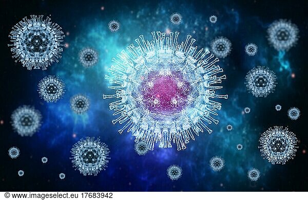 Affenpockenvirus  3d-Virus-Hintergrund  Affenpocken-Virusmolekül auf blauem Hintergrund  medizinischer Hintergrund mit Virusmolekülen