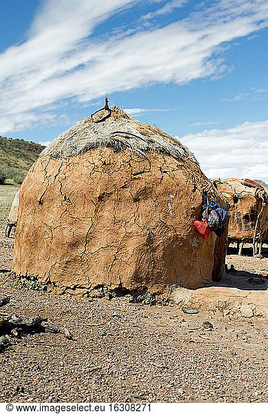 Africa  Namibia  Damaraland  Himba settlement  Clay huts