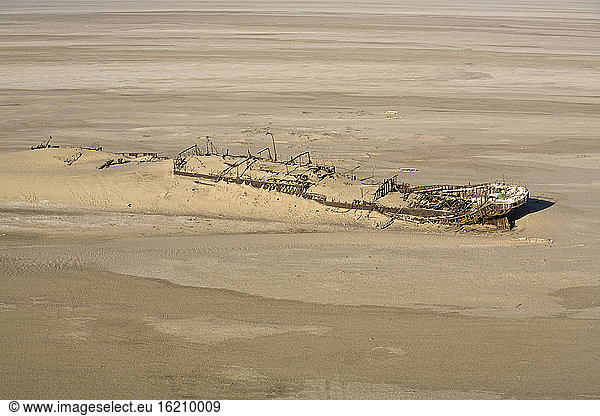 Africa  Namibia  Skeleton Coast  Eduard Bohlen  shipwrecked in 1909  buried in sand  aerial view