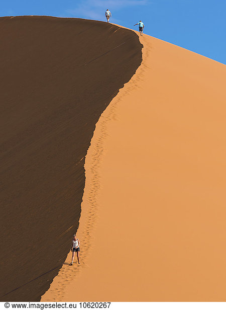 Africa  Namibia  Sossusvlei  Three people hiking in the sand dunes