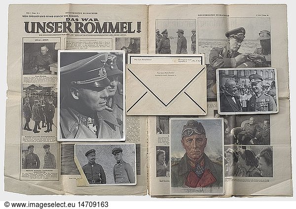 AFRIKAKORPS  Generalfeldmarschall Erwin Rommel (1891 - 1944)  Totenmaske Gips  sehr fein modelliert  mit Schutzlack Ã¼berzogen  rs. eingearbeiteter Draht zum AufhÃ¤ngen. In maÃŸgefertigtem Holzschrein mit verschlieÃŸbaren DeckeltÃ¼ren und Samtfutter. Aus dem Nachlass eines ehemaligen Offizierskameradens Rommels aus dem 1. Weltkrieg  der beim Tode Rommels die Anfertigung der Totenmaske veranlasste. Insgesamt wurden drei Masken in Gips gefertigt  eine ist im Besitz der Familie Rommel verblieben (heute im Panzermuseum Munster) und eine ging an einen hochrangigen deutschen MilitÃ¤r. In beiliegendem  umfangreichem Dokumentenordner u.a. zwei Briefe Rommels aus dem Jahr 1943 an seinen ehemaligen Kameraden  maschinengeschrieben (Kopf 'Rommel Generalfeldmarschall') und in Bleistift signiert 'E. Rommel'   einer mit Kuvert  rs. gestempelt 'Generalfeldmarschall Rommel 39496' (die Nummer durchgestrichen und ersetzt durch '00220'). Abschriften einer militÃ¤rischen Kurzbiographie  Einlasskarte zum 'Staatsakt anlÃ¤ÃŸlich des StaatsbegrÃ¤bnisses'  diverse Schreiben an den Kameraden (RK-TrÃ¤ger Kimmich mit OU/Hitlers Tagesbefehl nach Rommels Tod  zitiert in einem Brief von Major Schumm) sowie Briefe von Lucie Maria Rommel 1942 - 1945. Abschrift eines Berichts Ã¼ber die Verwundung Rommels durch feindliche Flugzeuge im Juli 1944  Abschriften der eidesstattlichen ErklÃ¤rung Manfred Rommels Ã¼ber den Tod seines Vaters vom 27.4.1945 u.v.m. AuÃŸerdem Ã¼ber 20 Fotos  Rommel im 1.WK  Familienfotos in Zivil und Uniform  groÃŸformatiges Portrait mit RK  EL  Schwertern und Brillanten sowie vom aufgebahrten Leichnam und dem StaatsbegrÃ¤bnis.
