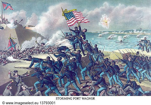 Afrikanisch-amerikanische Einheit  die 54. Massachusetts  stürmt Fort Wagner 1863