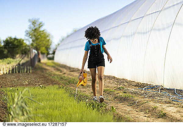 Afro-Mädchen bewässert Pflanzen auf einem Bio-Bauernhof