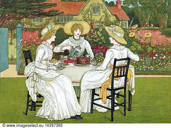 Afternoon Tea. Three young ladies in white dresses and straw bonnets take tea on lawn in walled garden with wide herbaceous border. Chromolithograph after Kate Greenaway 1886