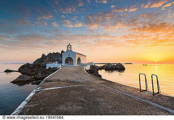 Agios Isidoros church in northern Chios at sunrise.
