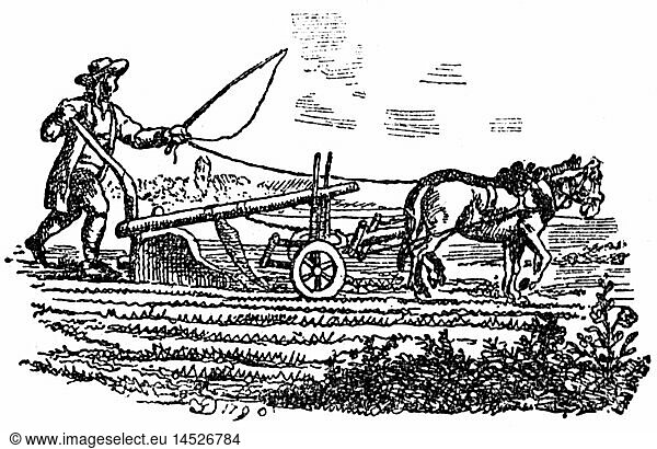 agriculture  agricultural work  plowing  farmer with Belgian plough  after etching by J. J. Dorner  1790
