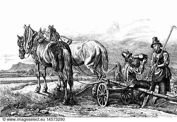 agriculture  country life  break during plowing near Sendling  after etching by Adam Johann Klein  1845