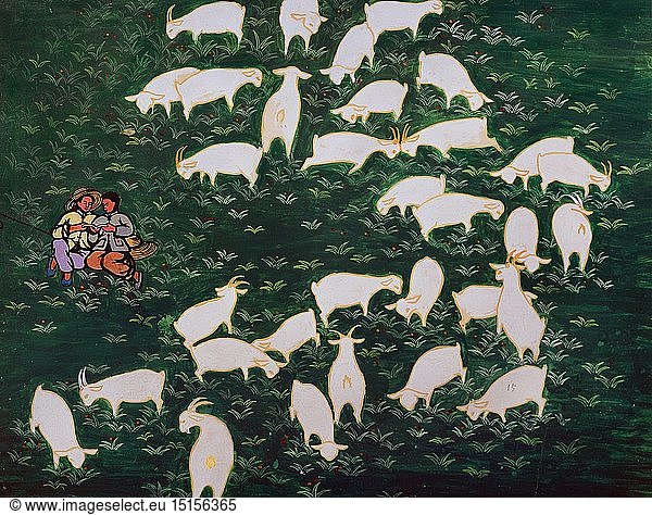 agriculture / farming  stock farming  goats  'Herding goats'  watercolour  by Bai Tianxue  50 x 38.5 cm  China  1972