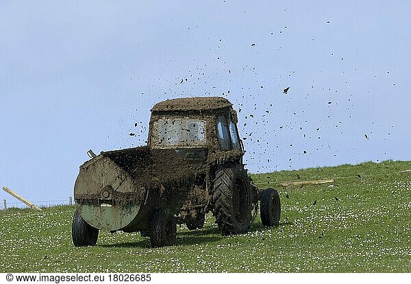 Agriculture machinery  Farming  agriculture technology  Tractor with muck spreader  spreading muck on grazing land  Fetlar  Shetland Islands  Scotland  United Kingdom  Europe
