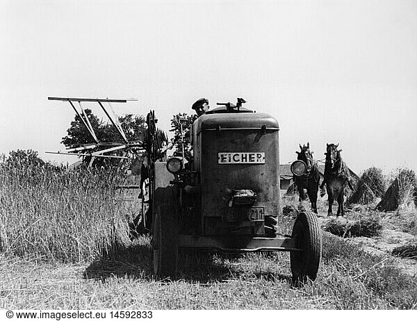agriculture  machines  Eicher tractor at the grain harvest  1950s