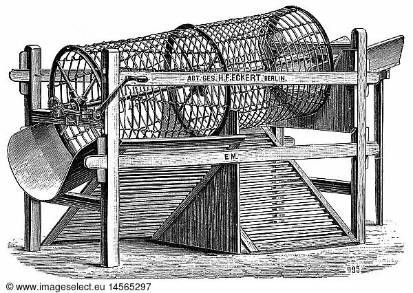 agriculture  machines  machine to assort potatoes by H.F.Eckert AG  Berlin  wood engraving  19th century  19th century  graphic  graphics  harvest  harvests  vegetable  vegetables  potato  potatoes  assort  assorting  sorting  sort  technology  engineering  technologies  technics  agriculture  farming  machine  machines  historic  historical _NOT