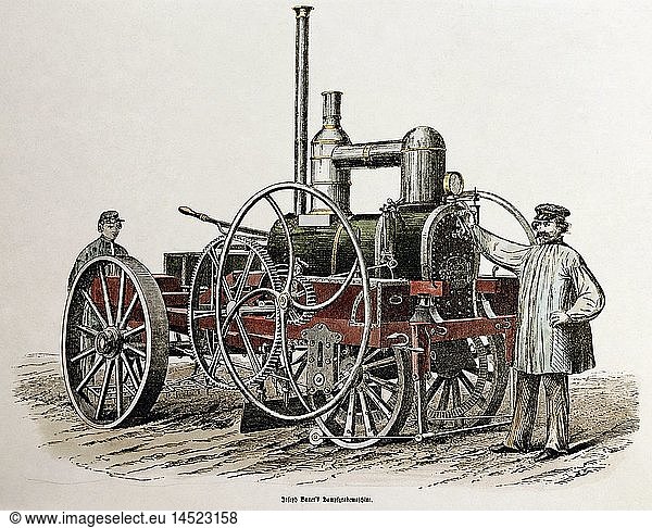 agriculture  machines  steam digging machine by Josef Bauer  19th century  colourewd engraving  Brockhaus  Leipzig  private collection  technics  machinery  steam boiler  flywheel  cogwheel  Germany  historic  historical  people
