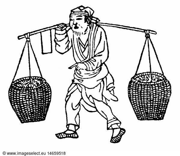 agriculture  rice growing  rice farmer transports rice in baskets  wood engraving after Japanese illustration  19th century  Japan  carrying  carry  basket  baskets  pole  poles  shoulder  shoulders  Japanese  rice farmer  farmer  farmers  people  men  man  working  agricultural work  farm labour  farm labor  Asia  food  foodstuff  agriculture  farming  transport  transporting  historic  historical