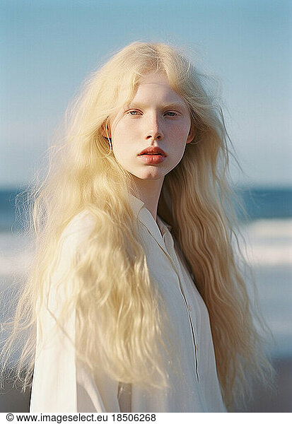 AI Generative. Albino girl at the beach