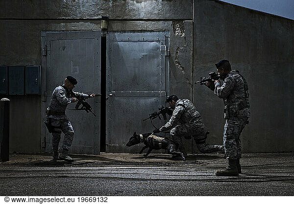 Air Force Security Forces members  and a military working dog  track an armed assailant to a bunker and prepare to unleash the K-9 on the simulated target during training.