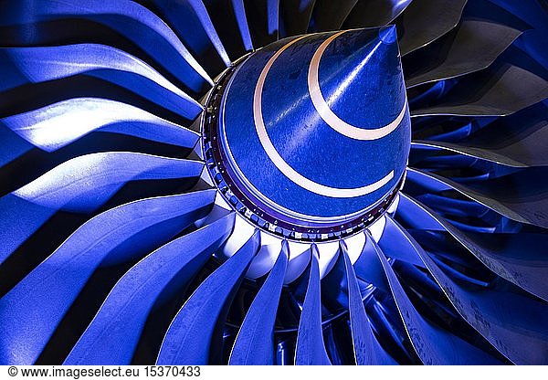 Aircraft engine  detail fan blades with nose  exhibition Paris Air Show  Paris  France  Europe