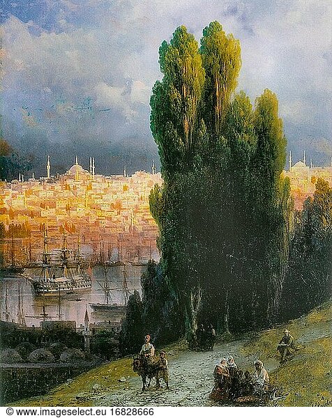 Aivazovsky Ivan Constantinovich - Konstantinopel - Blick auf das Goldene Horn mit einem Selbstporträt des Künstlers beim Skizzieren - Russische Schule - 19.