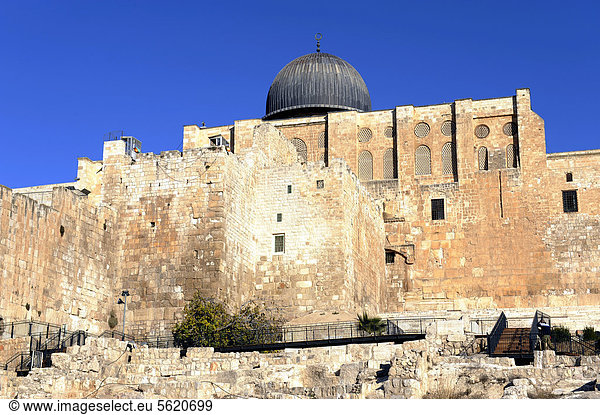 Al-Aqsa-Moschee oder al-Aksa-Mosche und südliche Mauer des Tempelbergs  Jerusalem Altstadt  Israel  Naher Osten  Vorderasien  Asien