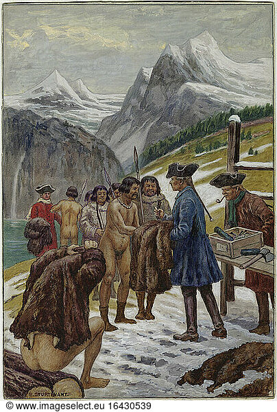 Alaska / 18th century. “The inhabitants of Alaska trade their furs for nails . (The fur trade which led to the foundation of the Russian-American fur company in 1799).
Body colour painting  1921  by Erich Sturtevant (born 1869).
33 × 23cm.
Berlin  Sammlung Archiv für Kunst und Geschichte.