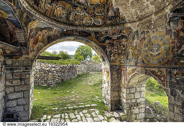 Albania  Qark Korca  Vithkuq  Manastiri i Shen Pjetrit  Monastery St. Peter and Paul  fresco paintings in the porch