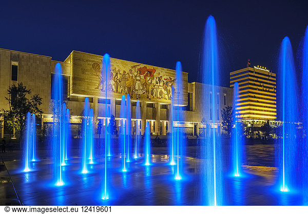 Albania  Tirana  Albania  Tirana  National Museum of History  illuminated fountains in the evening