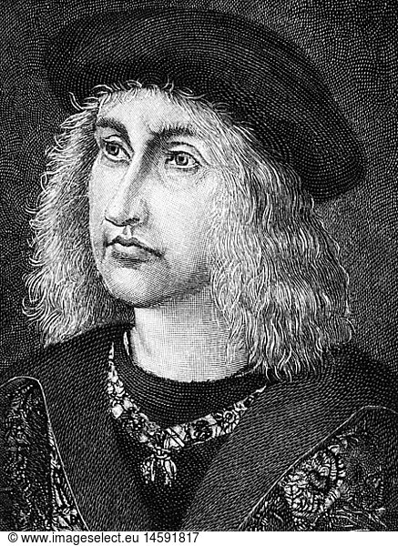 Albrecht 'der Beherzte'  31.7.1443 - 12.9.1500  Herzog von Sachsen 7.9.1464 - 12.9.1500  Portrait  Xylografie  19. Jahrhundert