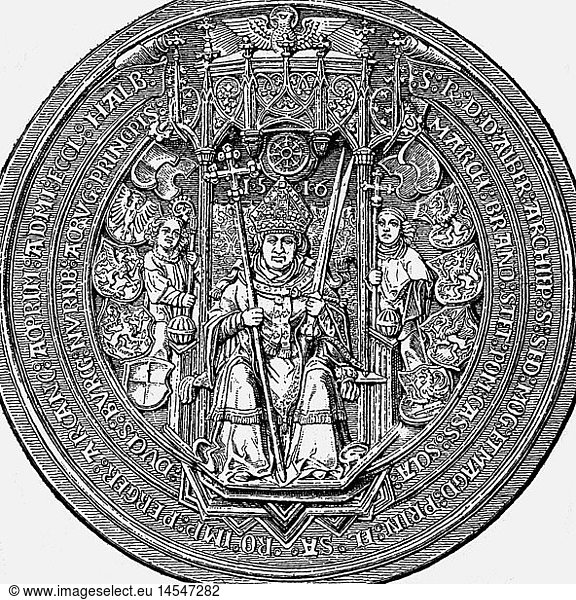 Albrecht von Brandenburg  28.6.1490 - 24.9.1545  Erzbischof von Mainz 9.3.1514 - 24.9.1545  Ganzfigur  Siegel  Xylografie  19. Jahrhundert