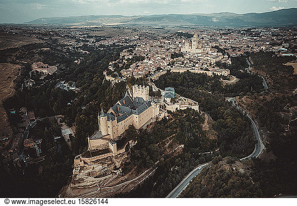 Alcazar of Segovia from aerial view.