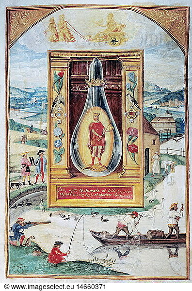 alchemy  allegory  the young king in the vial miniature  'Splendor Solis'  Augsburg  circa 1600  Germanisches Nationalmuseum  Nuremberg