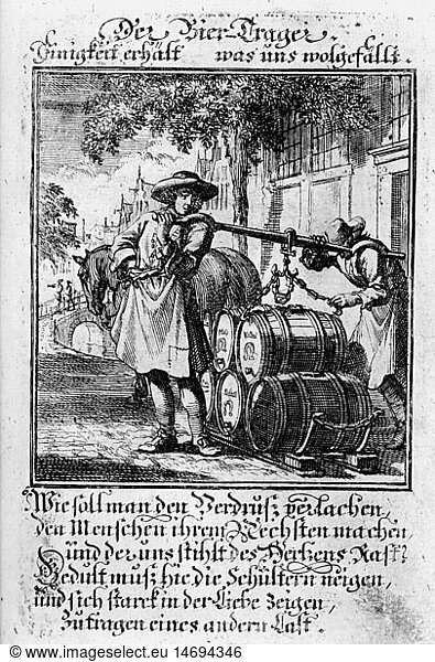 alcohol  beer  beer porter  copper engraving  'Book of Professions' by Christoph Weigel  1698  with poem by Abraham a Santa Clara