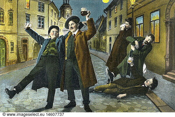 alcohol  drunken friends lurching through the streets  at night  1910s  10s  20th century  historic  historical  drunkard  drunkenly  drunkards  drunks  a drunken man  people  snoozing drunk  snoozing drunks  drinking spree  go on a spree  be on a spree  pub crawl  bar hop  go on a pub crawl  pub-crawl  barhop  night life  party  nostalgia