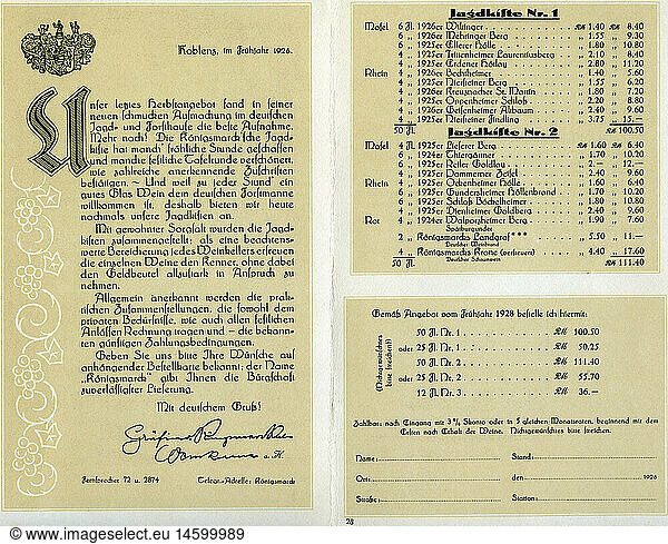 alcohol  wine  folder  Countess of Koenigsmarck Vinery  Koblenz  1928