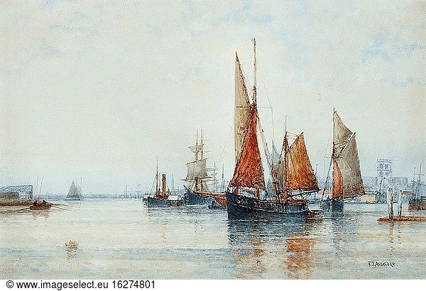 Aldridge Frederick James - Geschäftige Schifffahrt in einer Flussmündung - Britische Schule - 19. Jahrhundert.