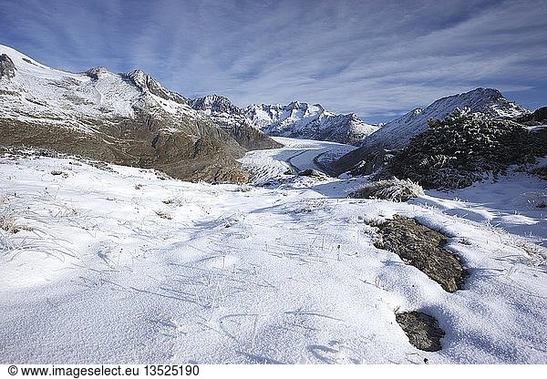 Aletschgletscher glacier in early winter  Valais  Switzerland  Europe