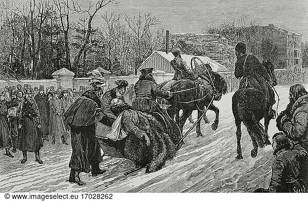 Alexander II of Russia (1818-1881). Assassination of the Tsar by a bomb thrown by Ignati Grinevitski. Alexander II was taken to the sled to the Winter Palace  bleeding to death. Russia. St. Petersburg. Driving of Tsar Alexander II of Russia in the sledge of Colonel Dvorjetsky  chief of police  on the afternoon of March 13  1881. Engraving by Tormas Carlos Capuz (1834-1899). La Ilustracion Española y Americana  1881.