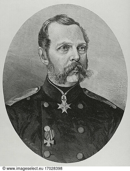 Alexander II. von Russland (1818-1881). Zar des Russischen Reiches von 1855 bis 1881. Porträt. Kupferstich. La Ilustracion Española y Americana  1881.